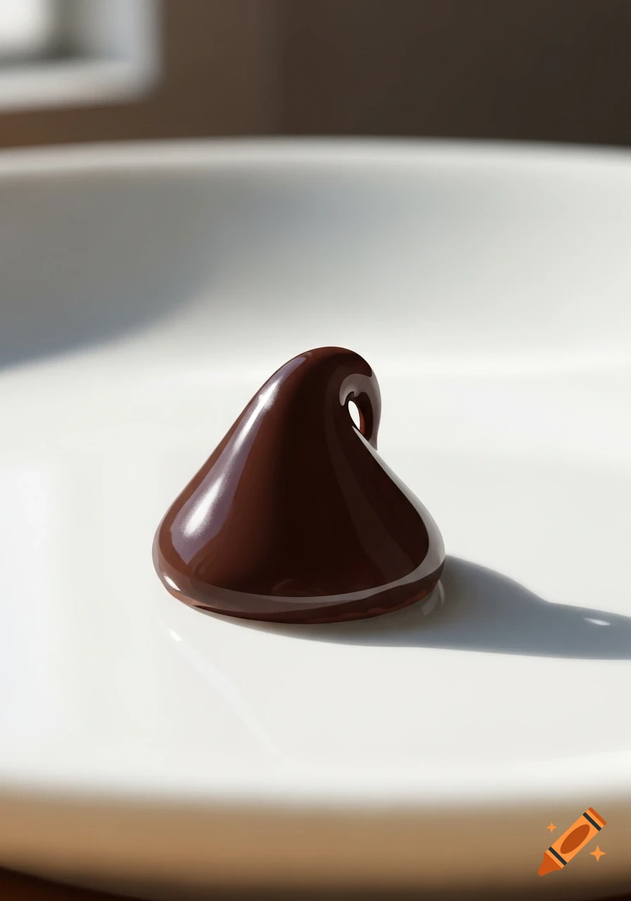 A single, glossy dark chocolate chip on a pristine white plate.