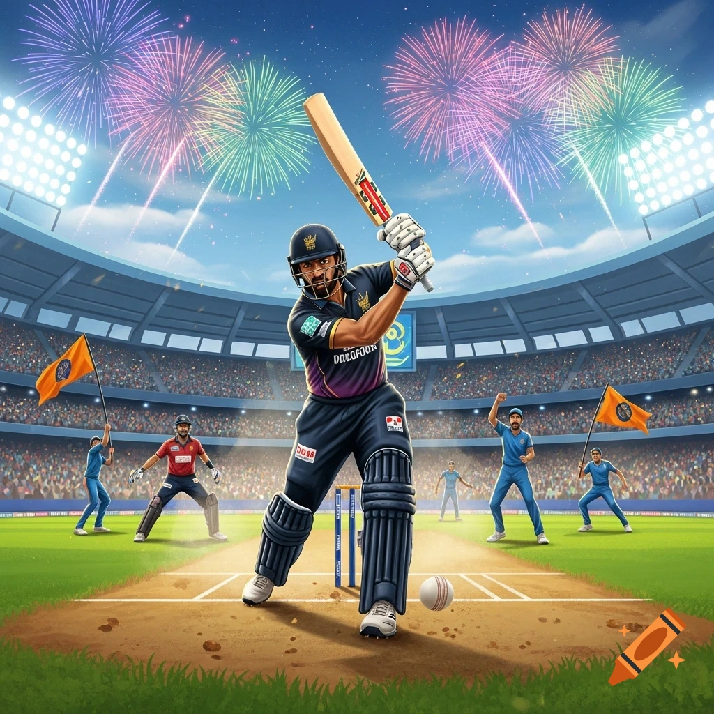 An illustration of a cricket player in a black and purple uniform batting in a stadium under fireworks and lights.