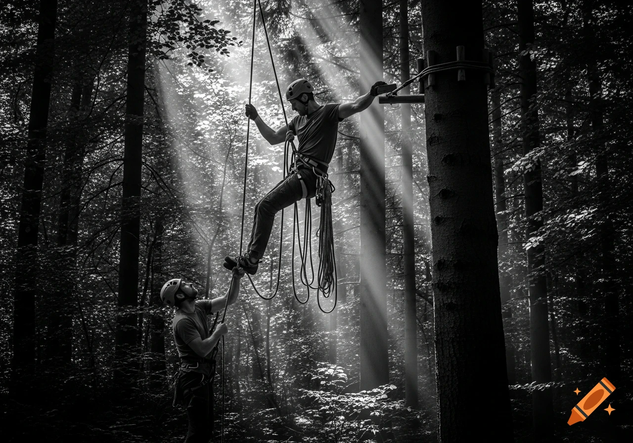 Two men, one climbing high in a tree and another belaying below, in a dense, sun-dappled black and white forest scene.