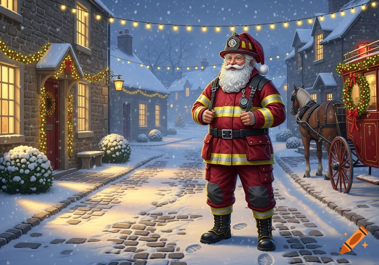Santa Claus in a firefighter suit stands in a snowy, decorated Christmas village with a horse-drawn sleigh.