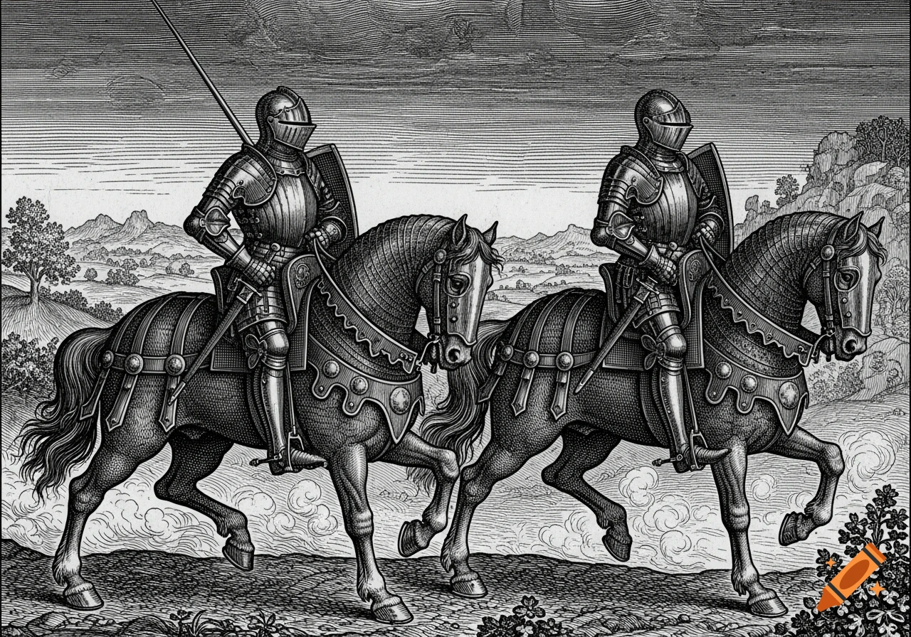 Two knights in dark armor ride on horses in a detailed D urer woodcut style, across a landscape.