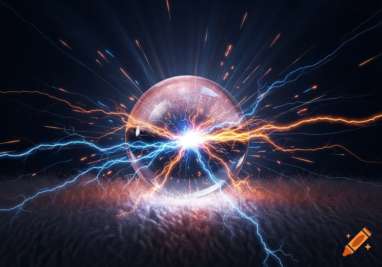 A clear glass sphere emits dynamic blue and orange electrical arcs and sparks, resting on a dark, textured surface.