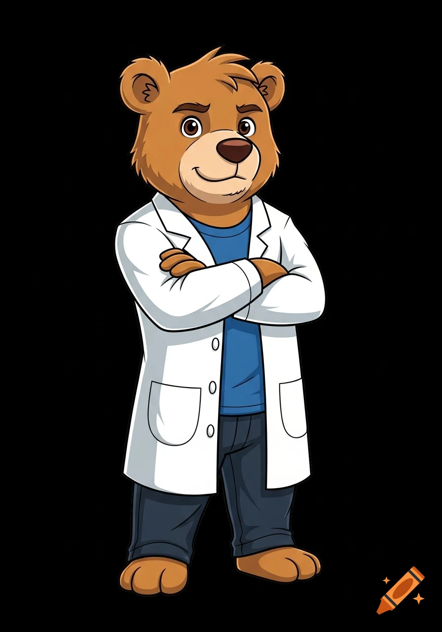 A confident cartoon bear in a white lab coat and blue shirt, with arms crossed, standing against a black background.