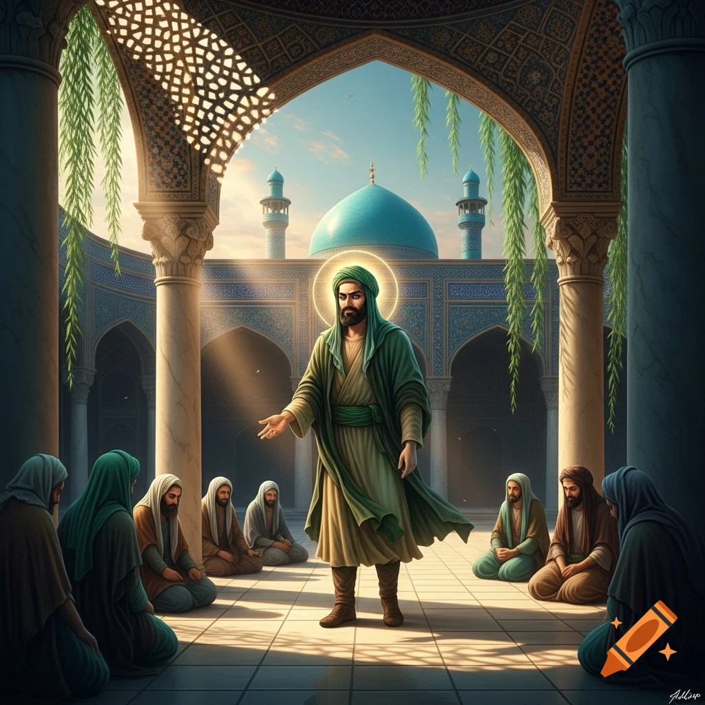 A bearded man in green robes with a halo stands, gesturing, addressing followers seated on the floor of an ornate mosque courtyard with a blue-domed building in the background.
