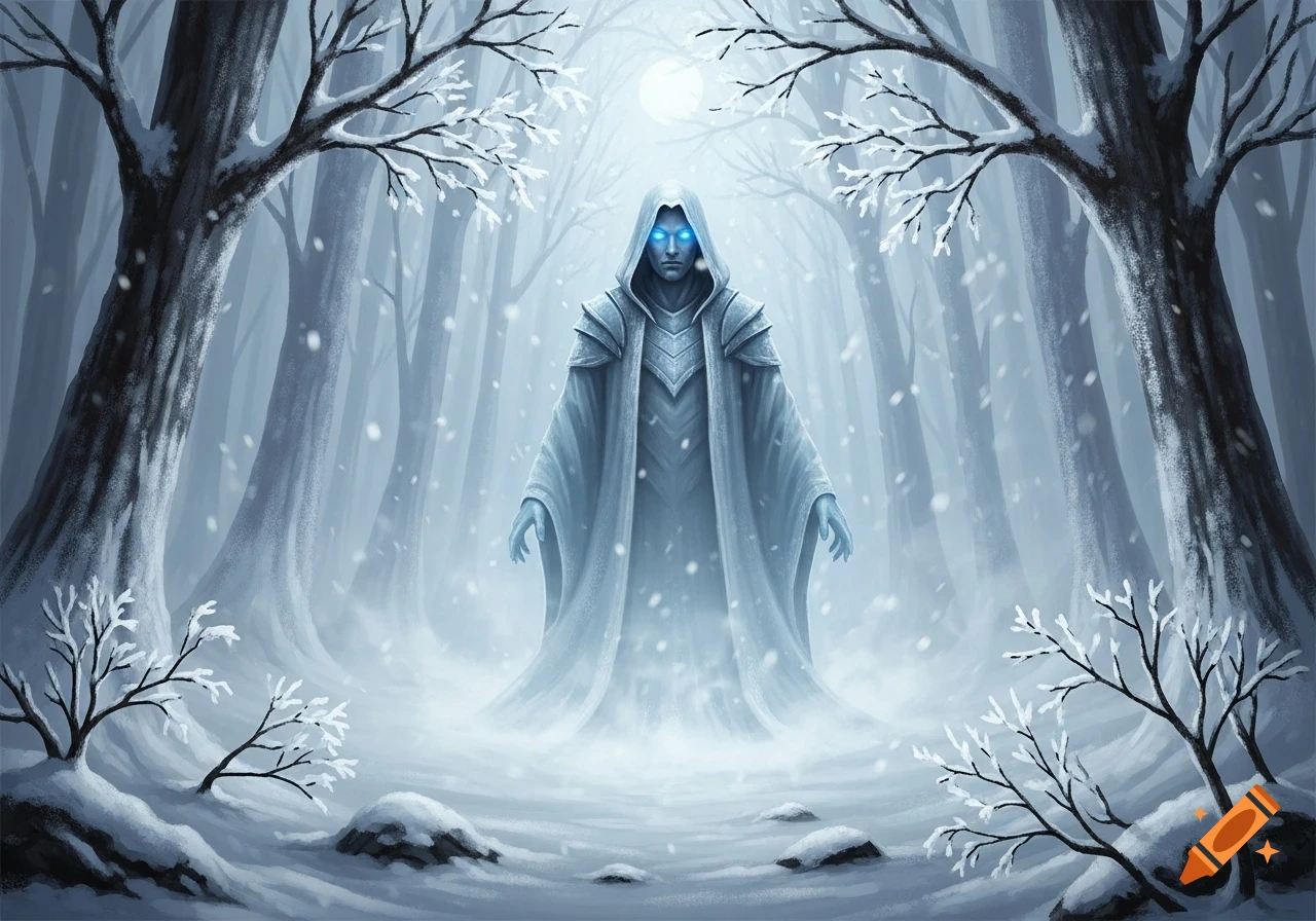 A male winter specter with glowing blue eyes stands in a snow-covered, mystical forest.