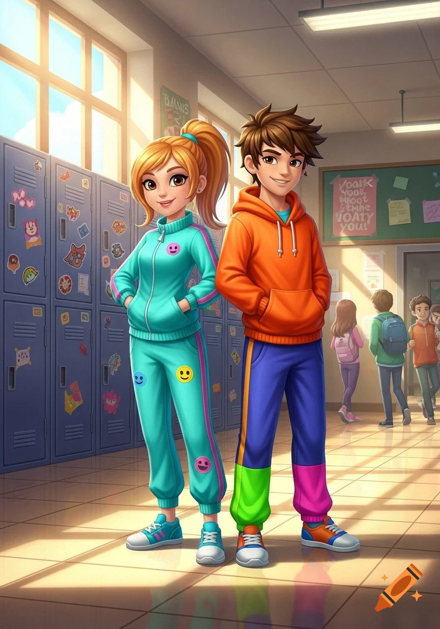 A cartoon girl and boy in colorful tracksuits stand smiling in a school hallway with lockers and posters.