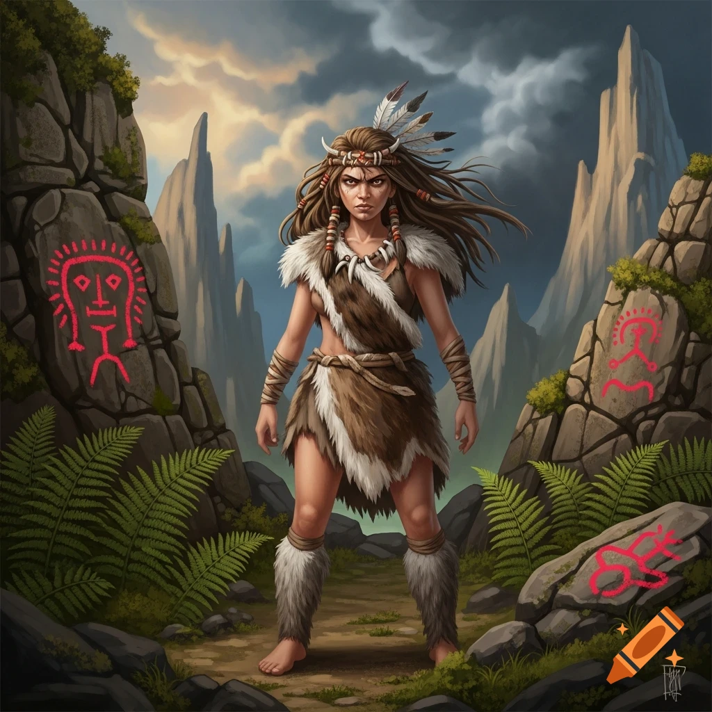 A confident cave woman wearing fur and feathers stands amidst rocks with red petroglyphs in a detailed illustration.