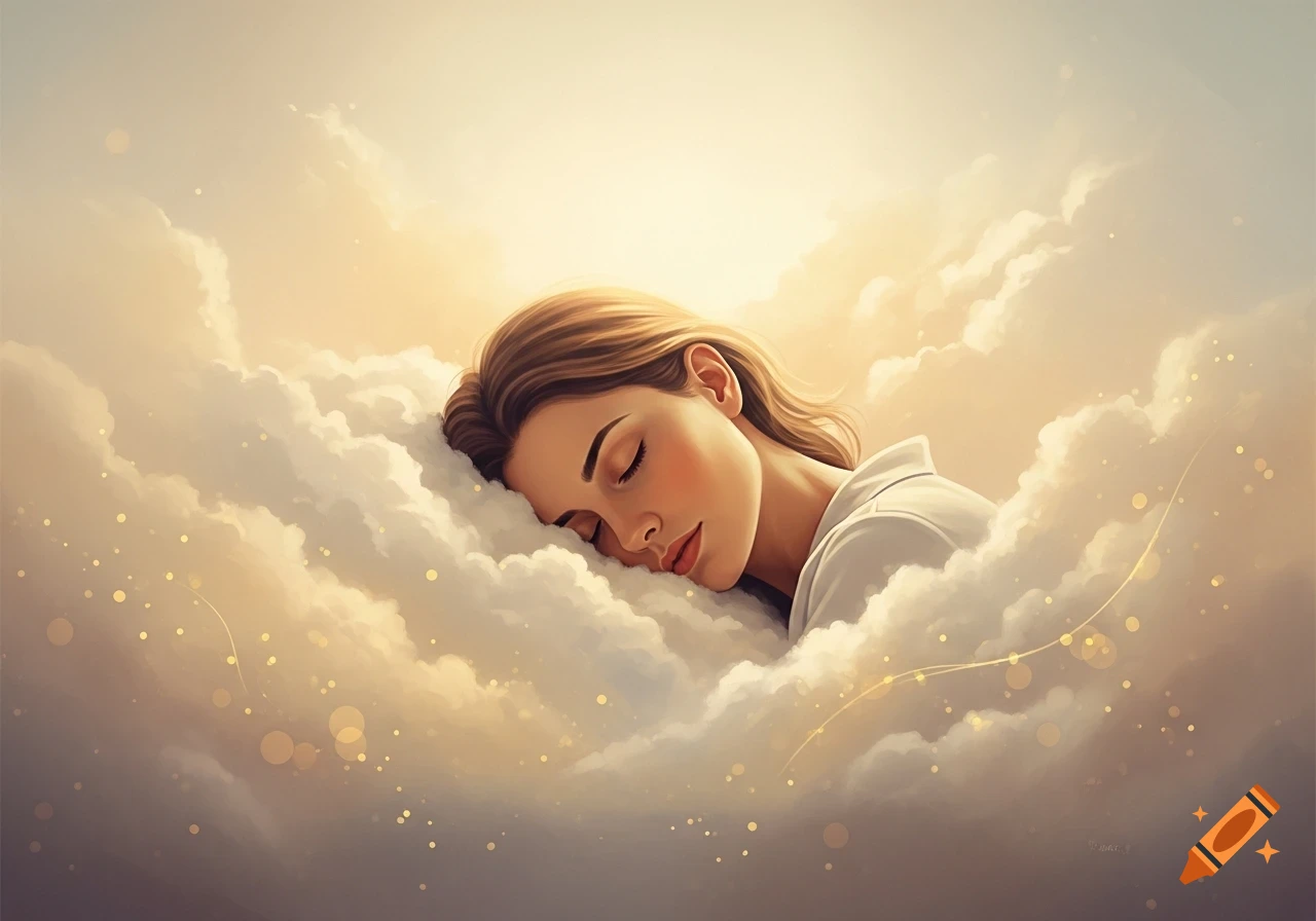 An artistic impressionist painting of a woman sleeping peacefully on soft, golden-lit clouds.