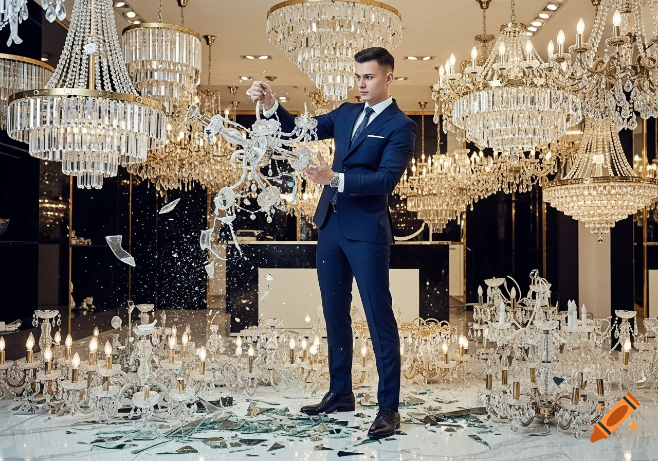 A man in a navy suit smashes a crystal chandelier in a luxury store, with shattered glass on the floor.