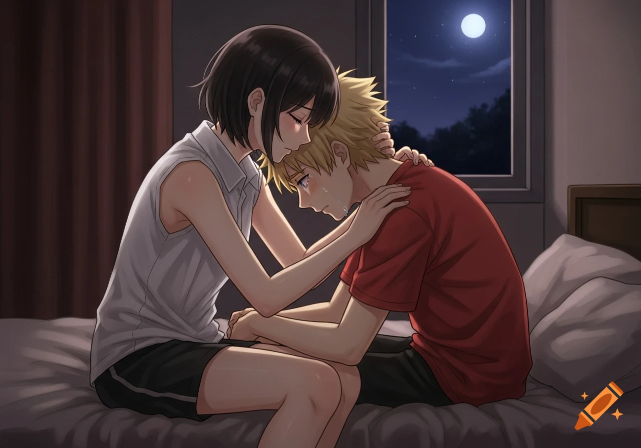 Anime female comforts a crying male on a bed in a dark bedroom at night with a full moon visible.