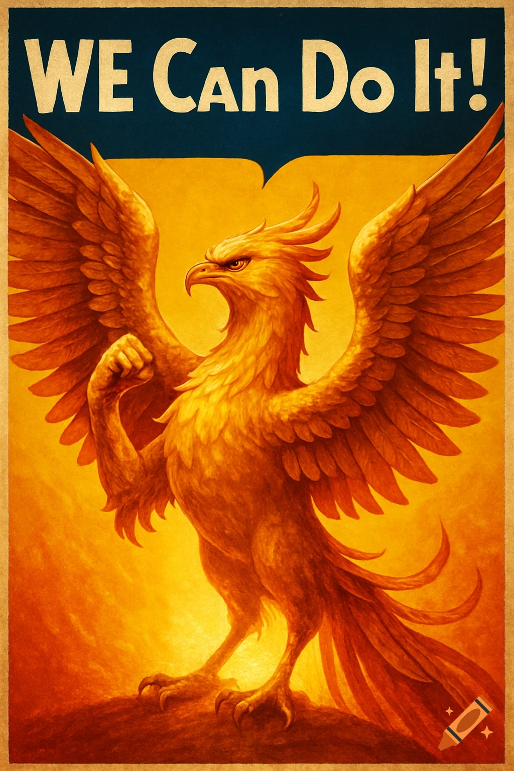 Golden phoenix flexing a bicep on a vintage 'We Can Do It!' propaganda poster.