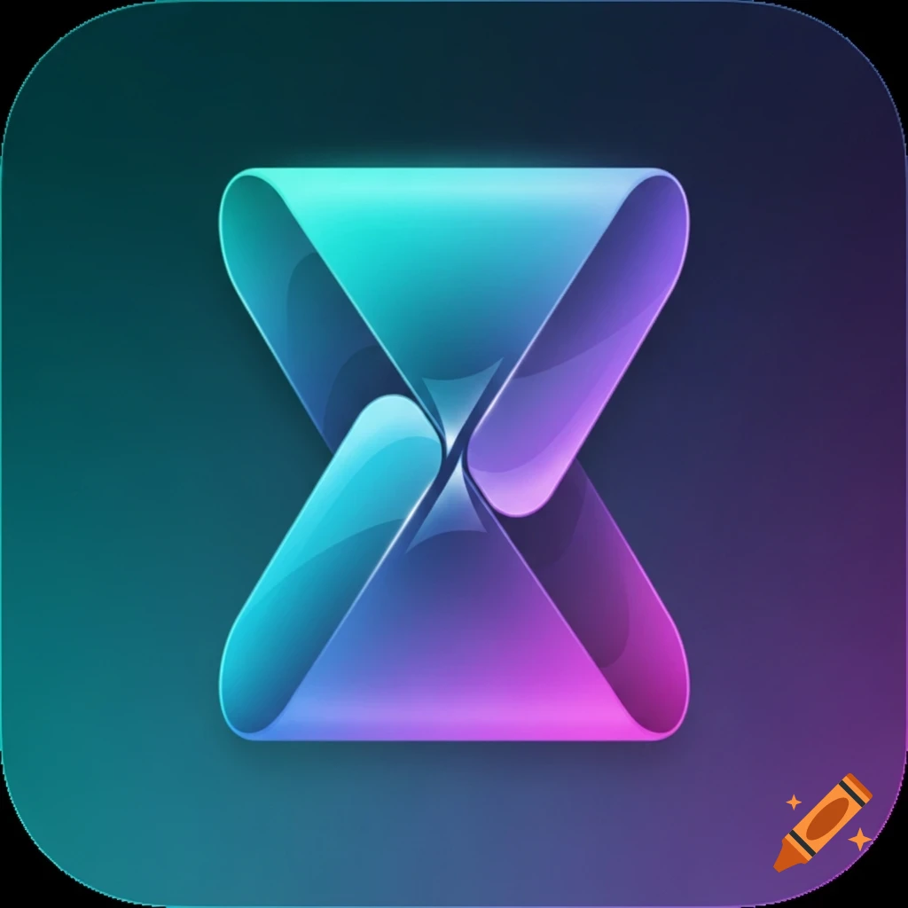 A modern, rounded-square app icon with a teal background and a stylized, folded hourglass shape in neon cyan, violet, and magenta gradients.