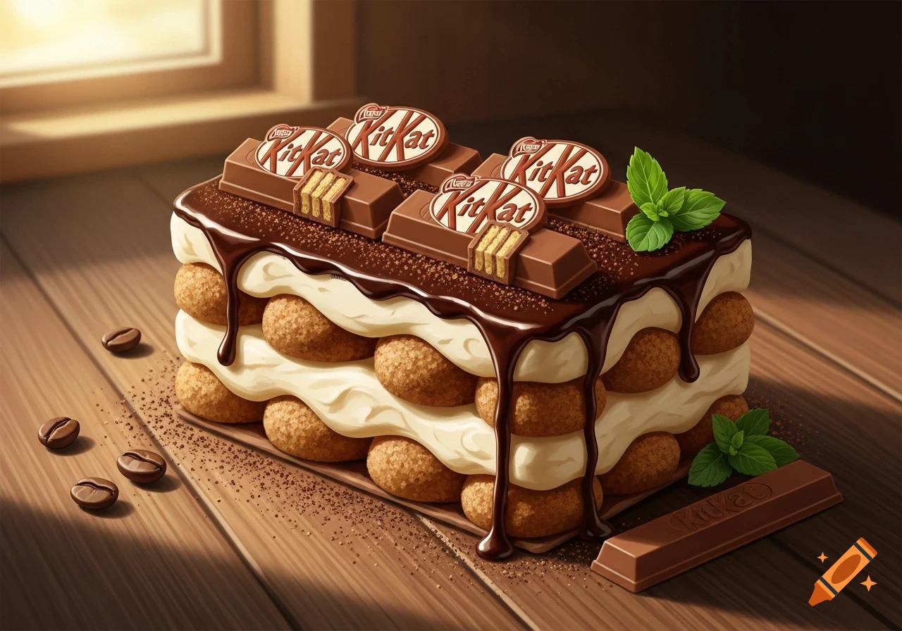 KitKat tiramisu with chocolate drizzle, coffee beans, and mint leaves on a wooden table.