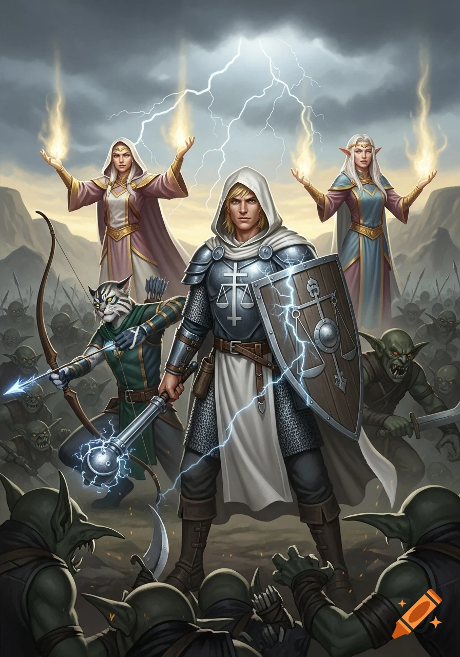 A human cleric, cat-man archer, and elf cleric battle a horde of goblins under stormy skies, a fantasy illustration.