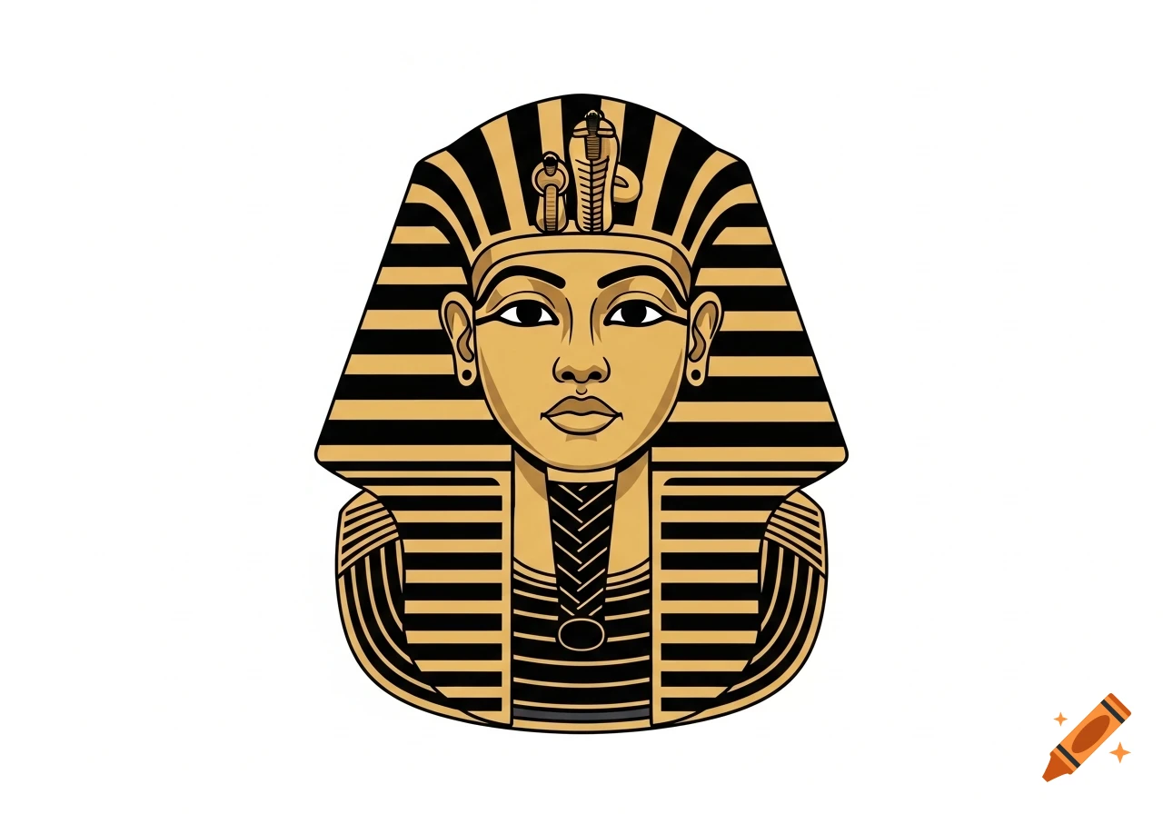 Stylized black and gold illustration of a Pharaoh's head with a striped headdress and regal features.