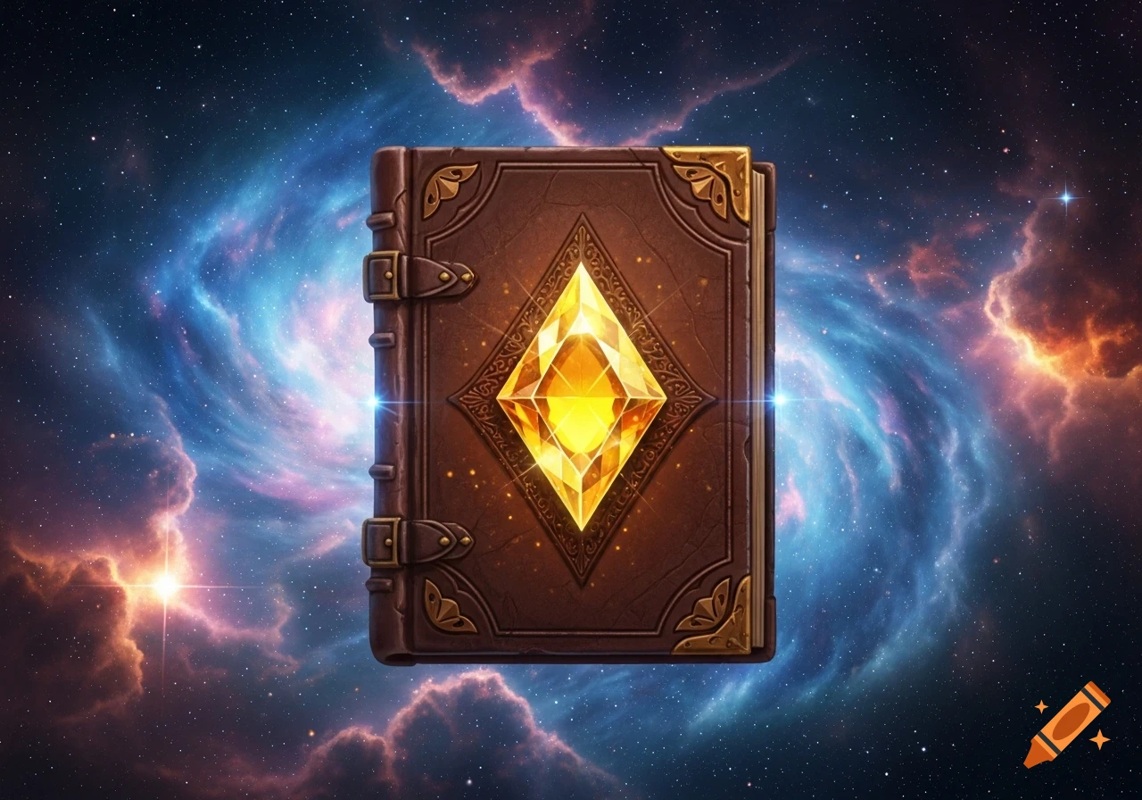 A brown leather-bound book with a glowing yellow diamond-shaped gem on its cover, set against a vibrant blue and purple nebula and starry sky.