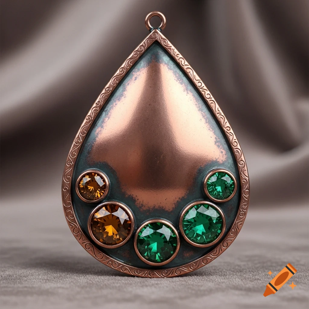 Photorealistic close-up of an antique copper teardrop pendant with green patina, adorned with amber and emerald-green gemstones.