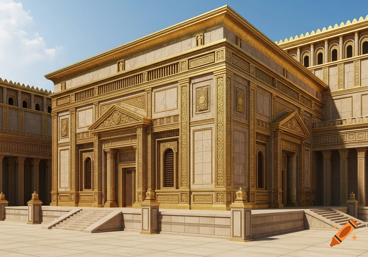 A grand, ornate temple-like building with light stone and extensive gold trim, under a clear blue sky, featuring symmetrical design, columns, and steps.