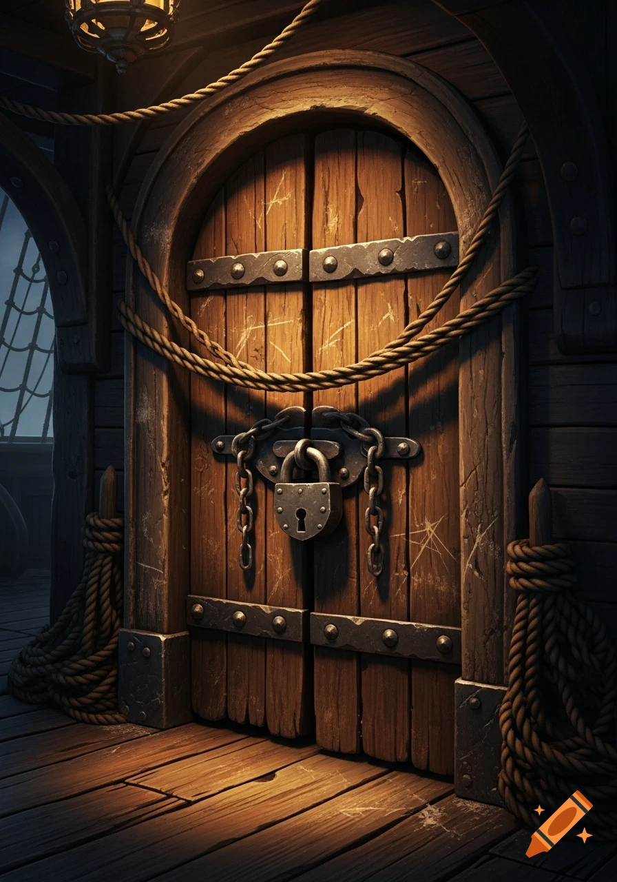 A sturdy, weathered wooden door on a pirate ship, reinforced with iron bands, a heavy padlock, ropes, and chains, in a dramatic cinematic style.