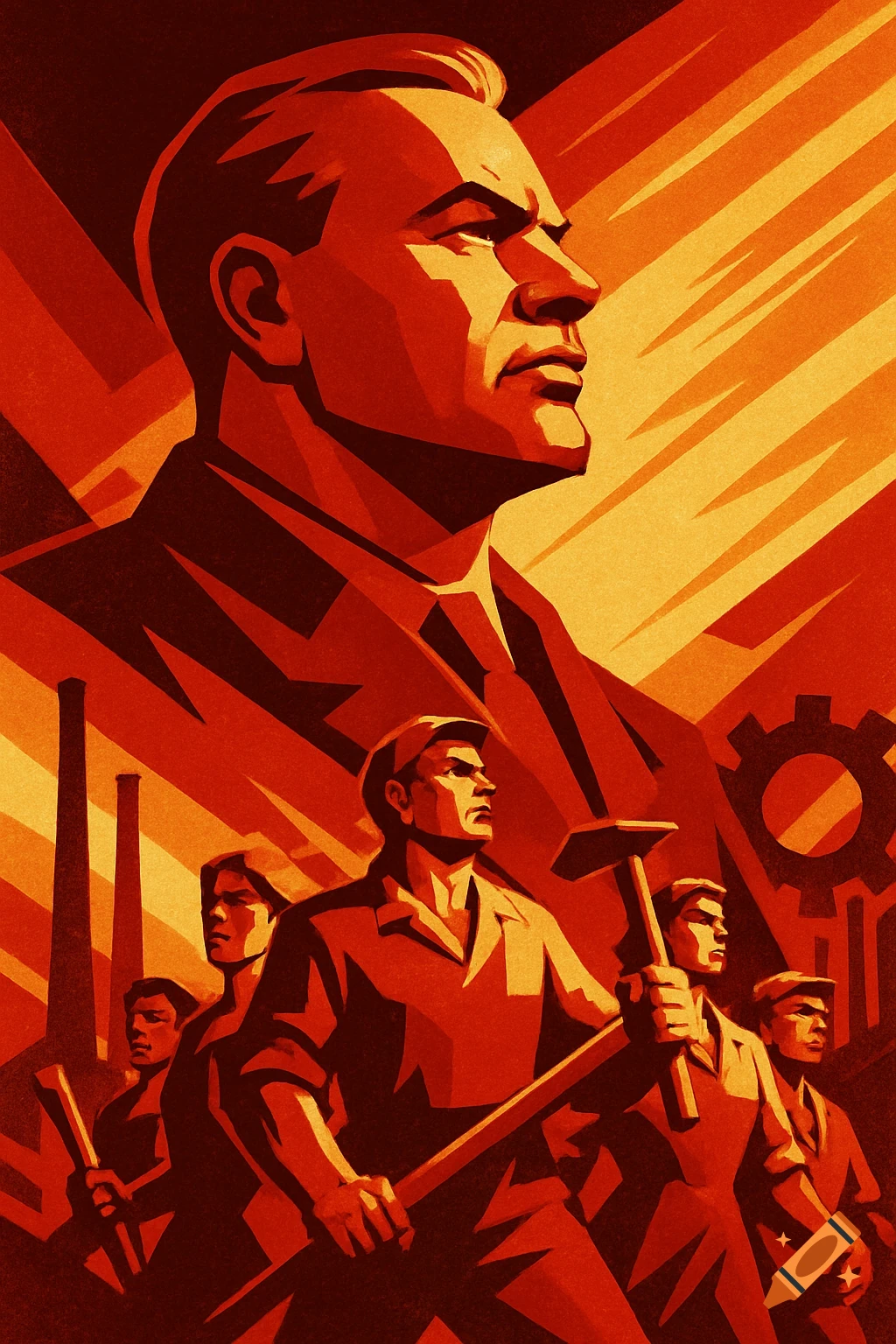 Soviet propaganda poster with a stoic leader above workers holding tools and factory smokestacks, in red and orange.