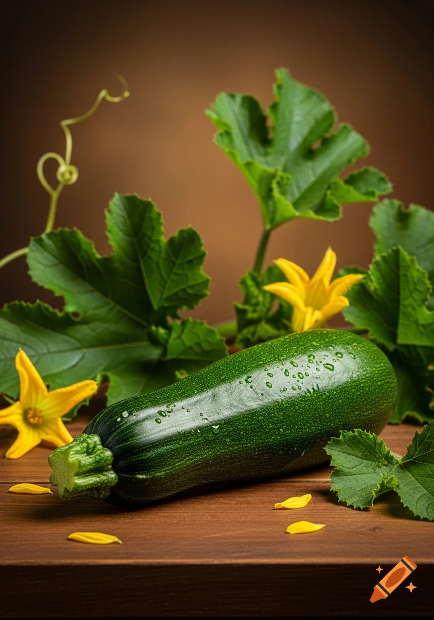A wet green zucchini lies on a wooden surface surrounded by lush leaves and bright yellow squash blossoms, photorealistic style.