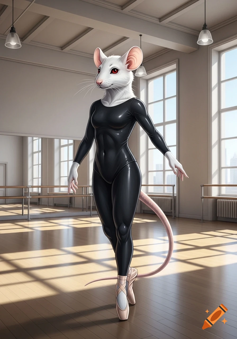 A sleek white anthropomorphic mouse in a glossy black unitard and pointe shoes poses elegantly in a ballet studio, photorealistic digital art.