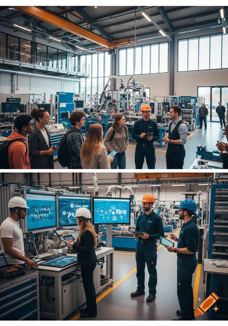Students on a guided tour in a modern manufacturing facility, observing industrial machinery and computer screens with technical diagrams, led by engineers.