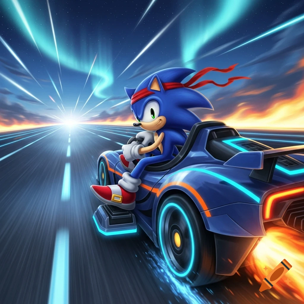 Sonic the Hedgehog races a futuristic blue car with neon lights on a glowing road at high speed under an aurora sky.