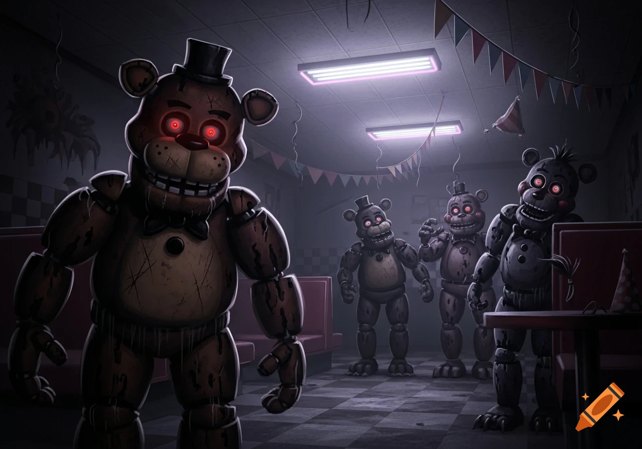 Four creepy, damaged animatronic bears with glowing red eyes stand in a dark, abandoned party room with faded decorations.
