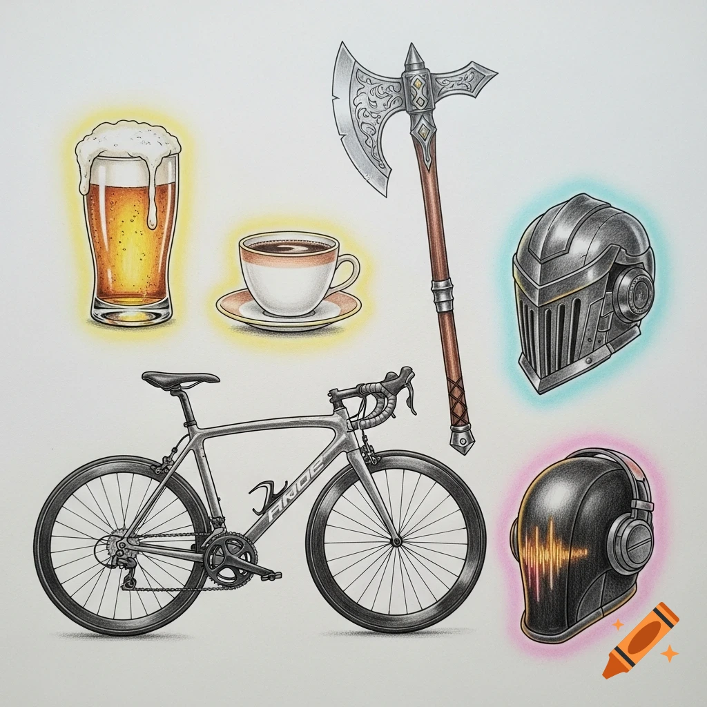 Luminous crayon drawing of a beer, coffee, axe, road bike, and two helmets, separated on a white background.