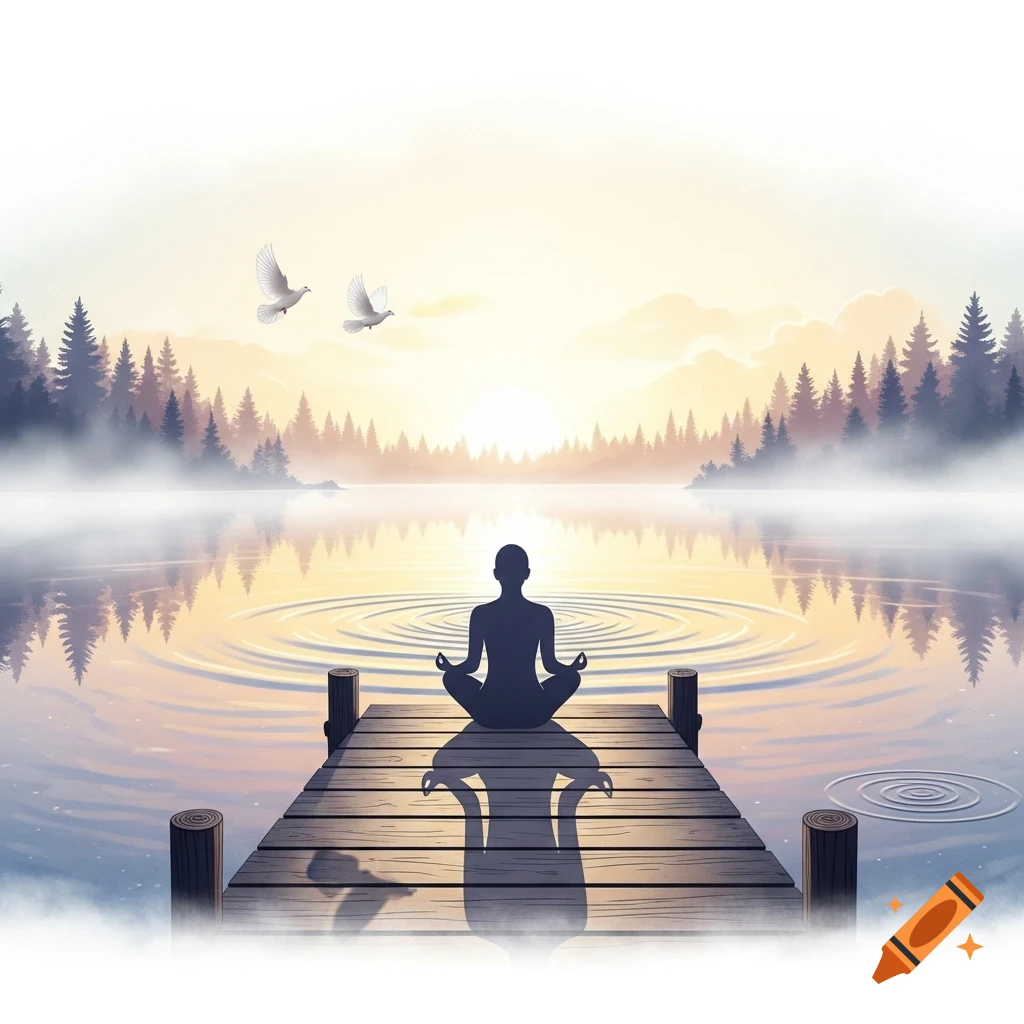 Illustration of a person meditating on a dock over a misty lake with a forest and sunrise, two doves fly above.