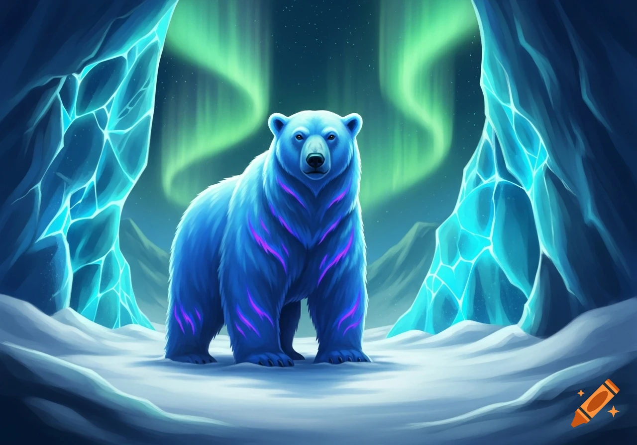 A stylized blue polar bear with purple markings stands in a snowy, icy cave under a green aurora borealis.