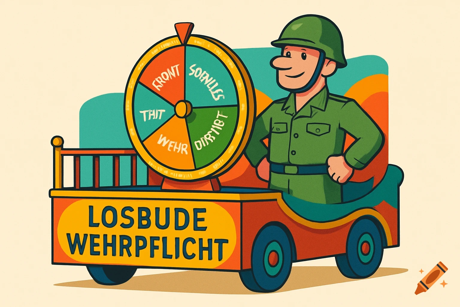 A cartoon soldier in uniform stands on a carnival float with a large spinning wheel and a sign reading 'Losbude Wehrpflicht'.
