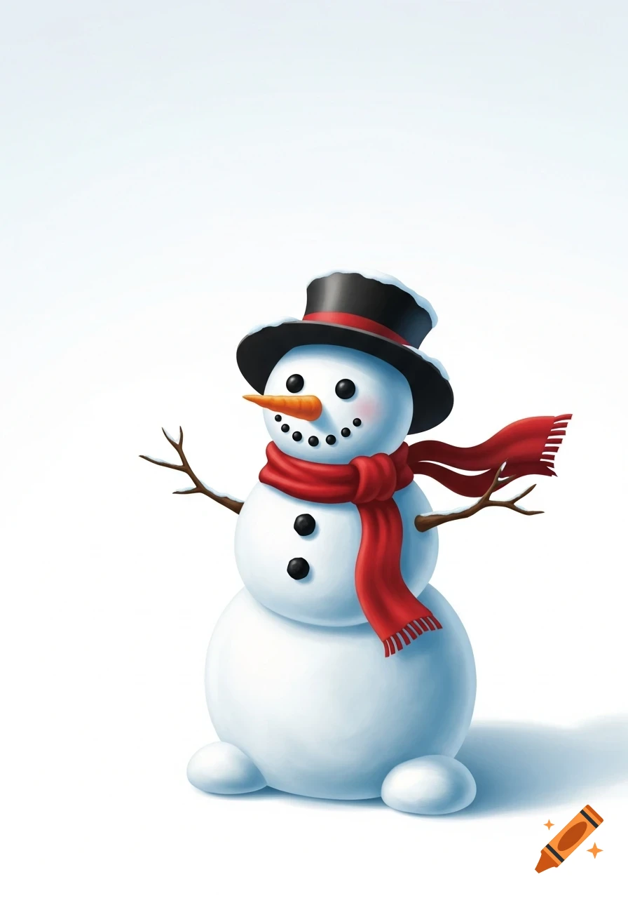 A cute illustrated snowman wearing a black top hat, a red scarf, and a carrot nose, against a plain white background.