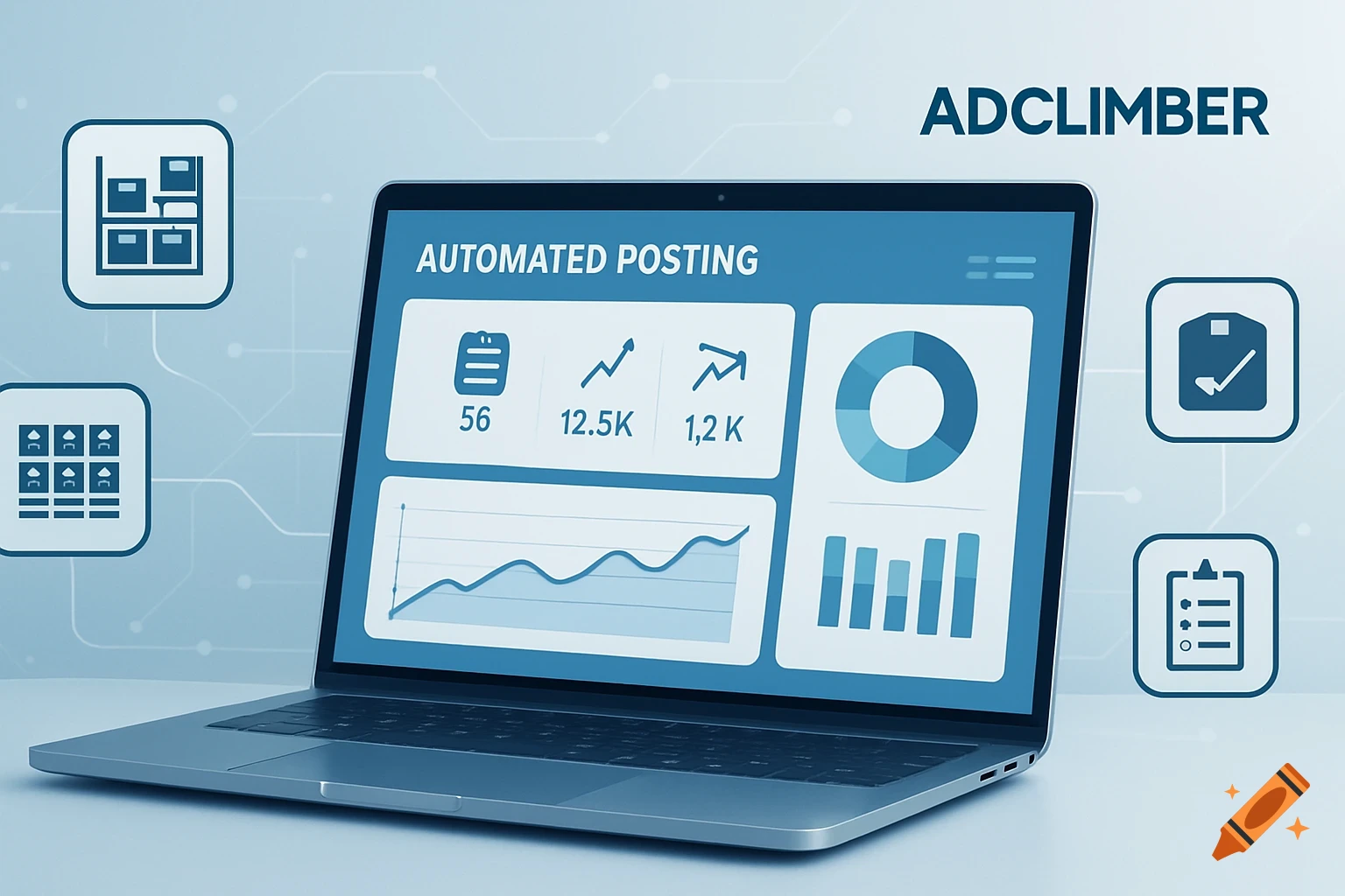 Laptop showing an 'AUTOMATED POSTING' dashboard with charts and AdClimber branding, surrounded by blue business icons.
