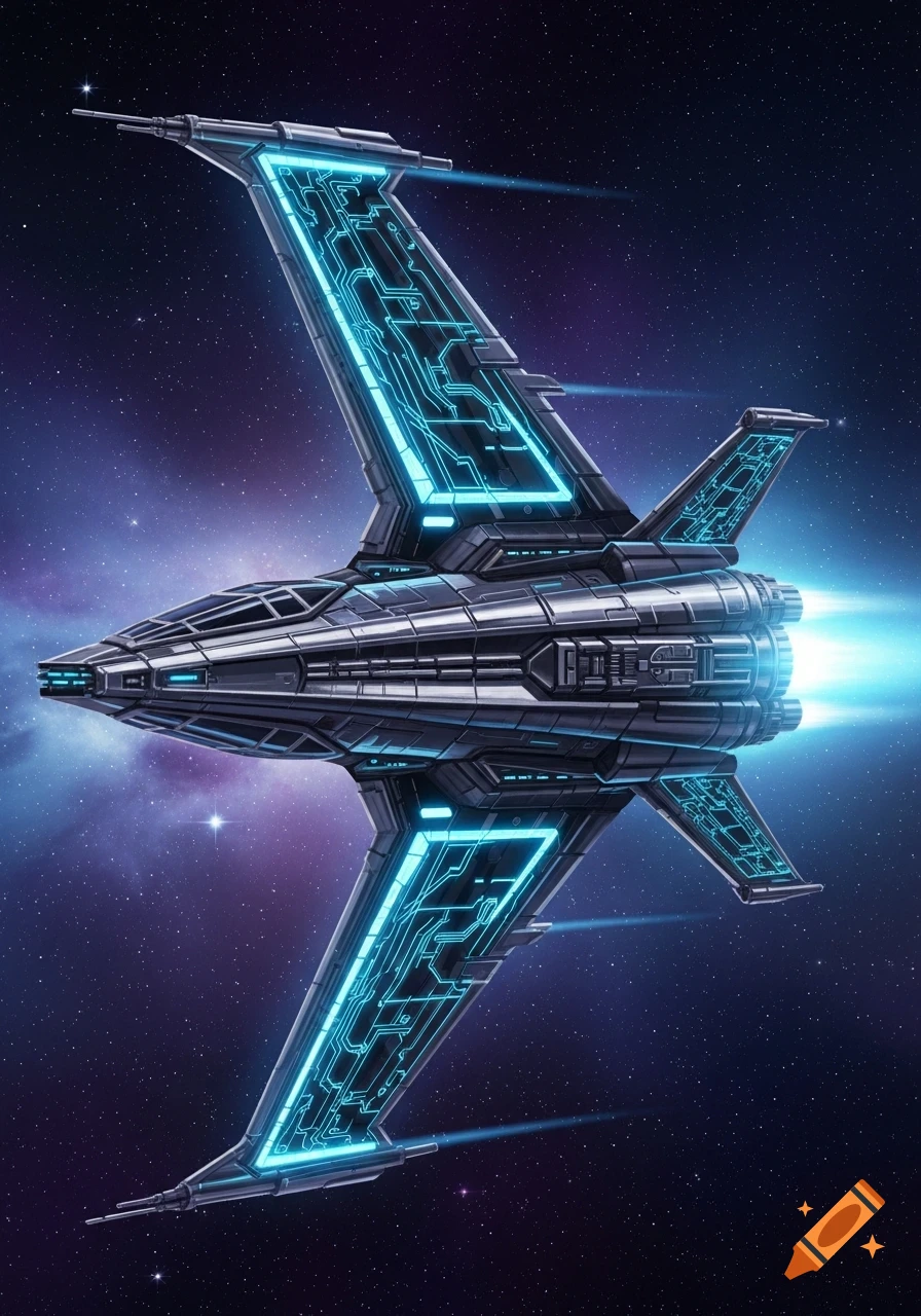 A dark metallic spaceship with glowing blue circuit patterns on its wings and engines flies through a star-filled purple and blue galaxy.