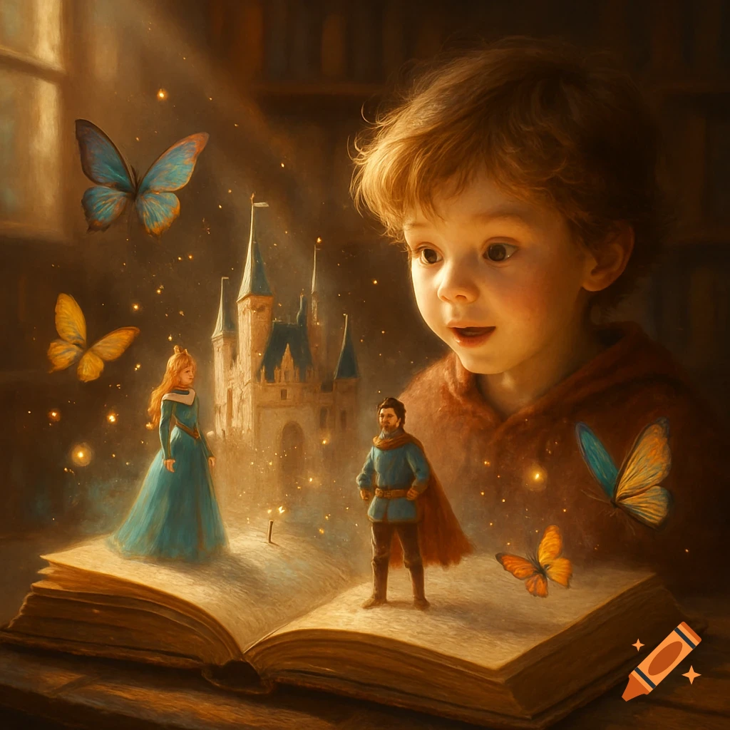 A child looks amazed at an open storybook with a princess, prince, castle, and glowing butterflies emerging from its pages.