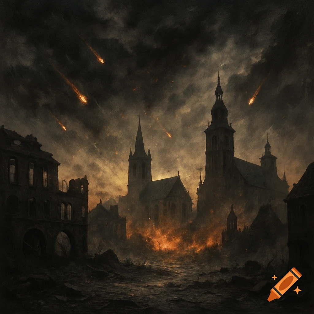 A dark, apocalyptic scene shows buildings in ruins under a stormy sky with meteors falling and fires burning.