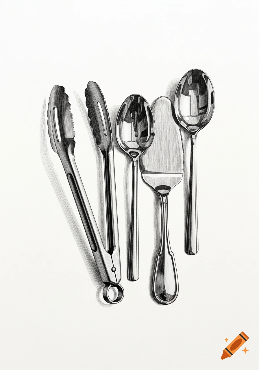 Black and white drypoint etching of kitchen utensils, including two tongs, a cake server, and two spoons, arranged on a white background.