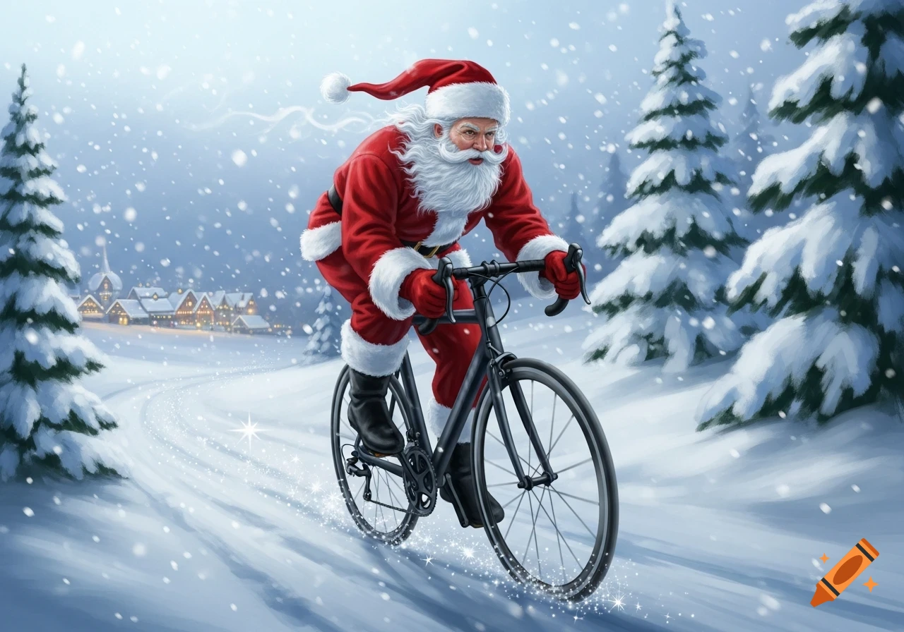 Illustrated Santa Claus riding a road bike on a snowy winter path with a distant village.