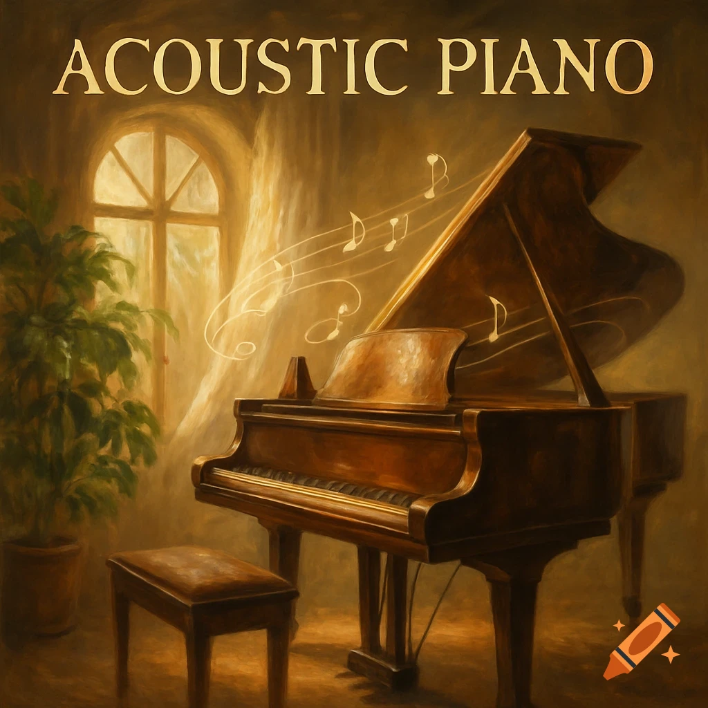 Painterly image of an open grand piano in a warm room with a large window and a plant, musical notes float above. Text 'ACOUSTIC PIANO' at top.