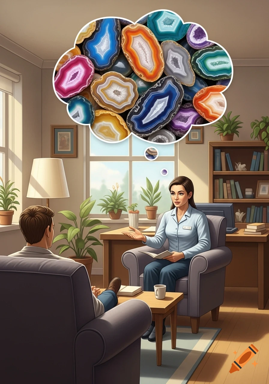 A female therapist talks to a male client in an office setting, with a thought bubble of colorful agates above her head.