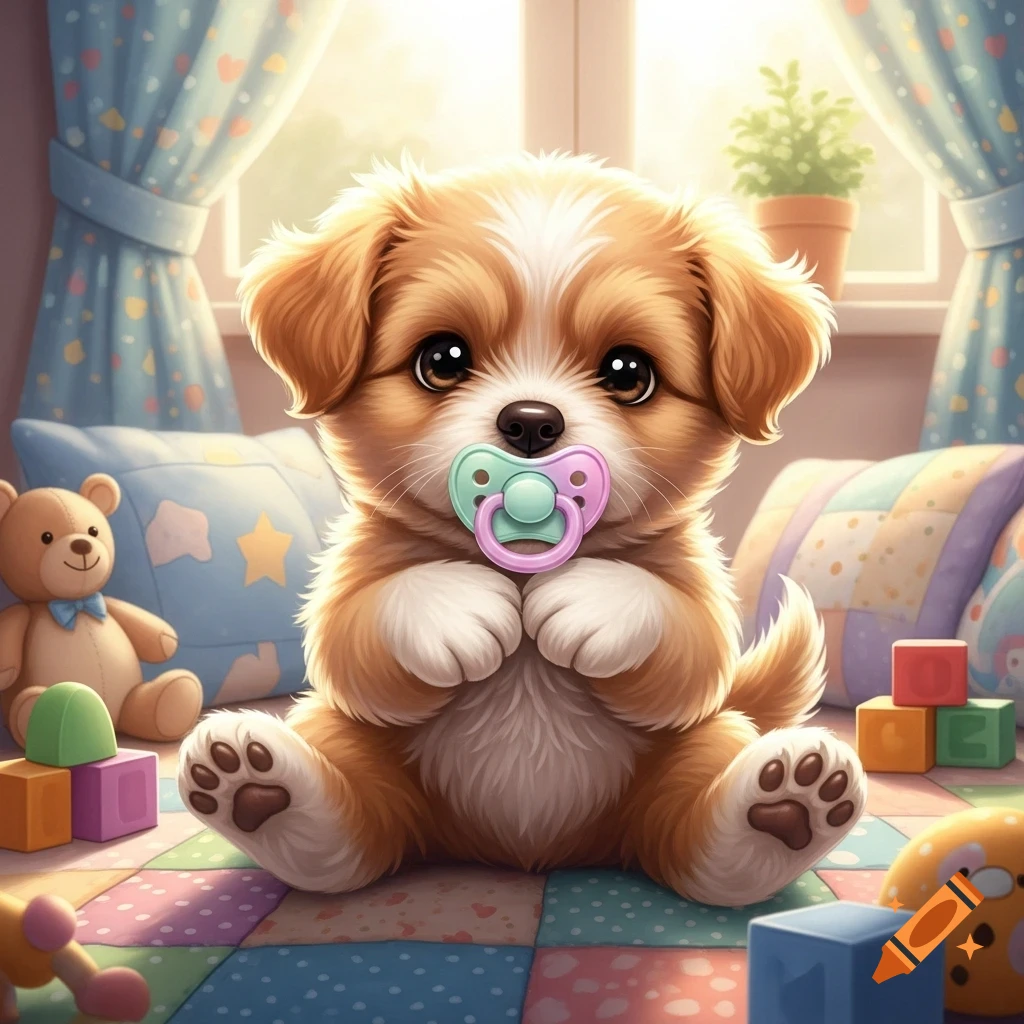 A cute brown and white puppy with a pink and teal pacifier sits on a patchwork rug in a bright nursery, surrounded by toys.