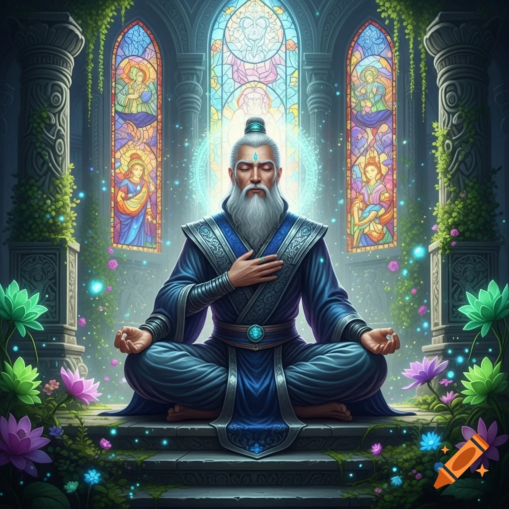 A wise, white-bearded man in blue robes meditates in a lotus position within an ornate, glowing temple adorned with stained glass windows and lush foliage.