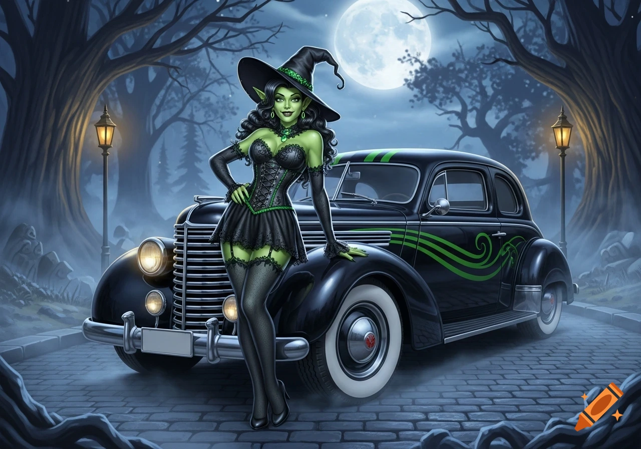 A green-skinned pinup witch in a black corset dress and hat leans on a vintage black car with green stripes under a full moon.