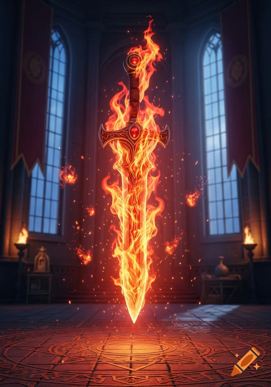 A glowing, ornate flaming sword stands point-down on a patterned stone floor in a dark gothic hall with tall arched windows.