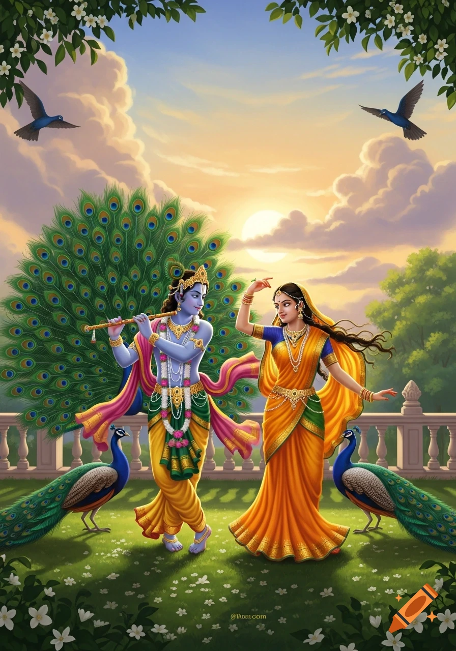 Vibrant illustration of blue-skinned Krishna playing a flute and Radha dancing in a lush garden with peacocks under a sunset sky.