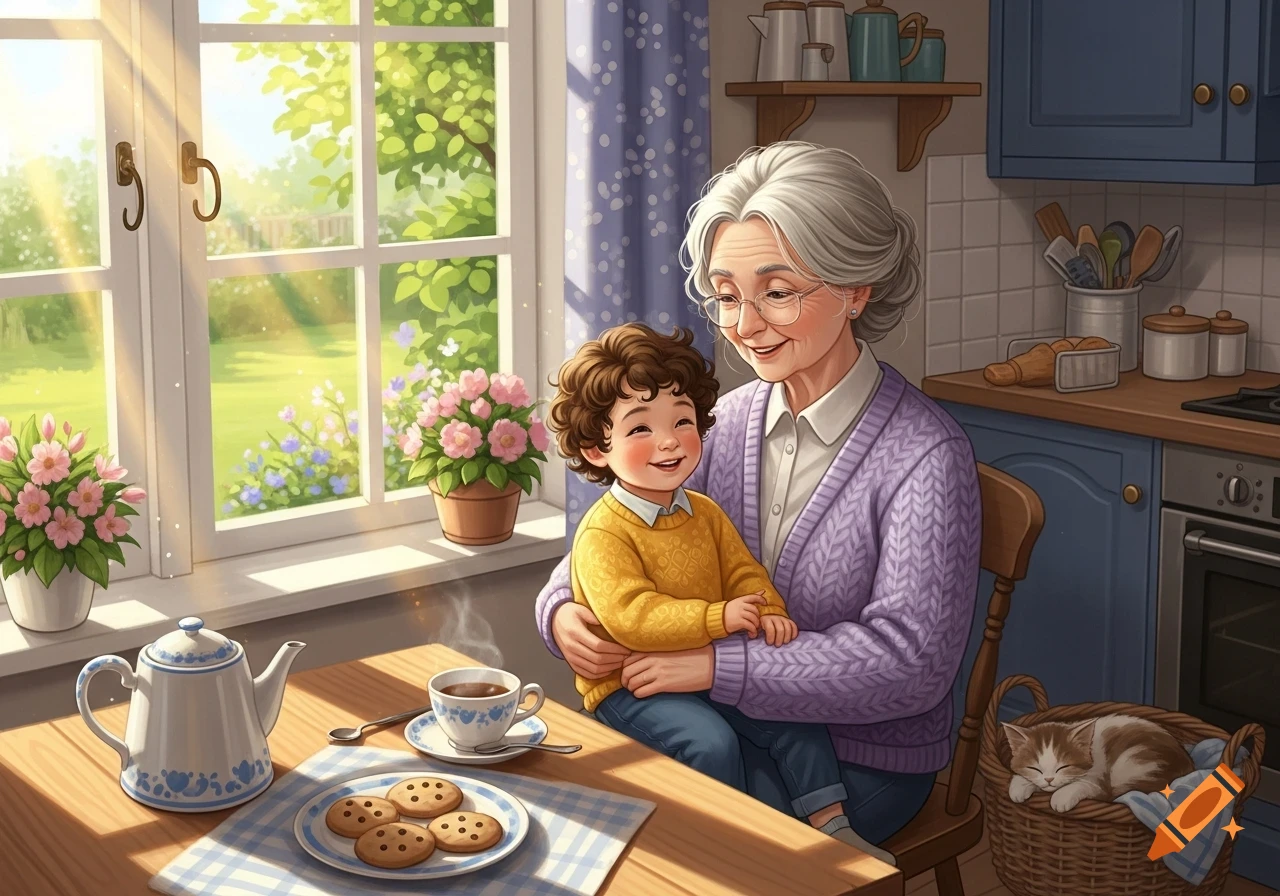 Illustration of a smiling grandmother holding a child in a sunny kitchen with tea, cookies, and a sleeping cat.
