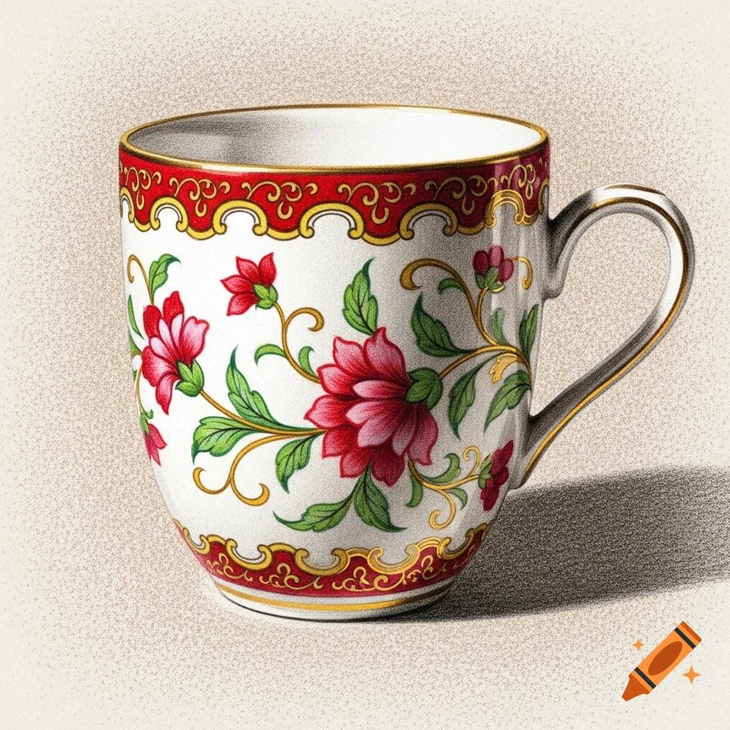 An expressive pencil drawing of a white Chinese porcelain coffee mug with a red and gold floral pattern against a soft beige, grainy background.