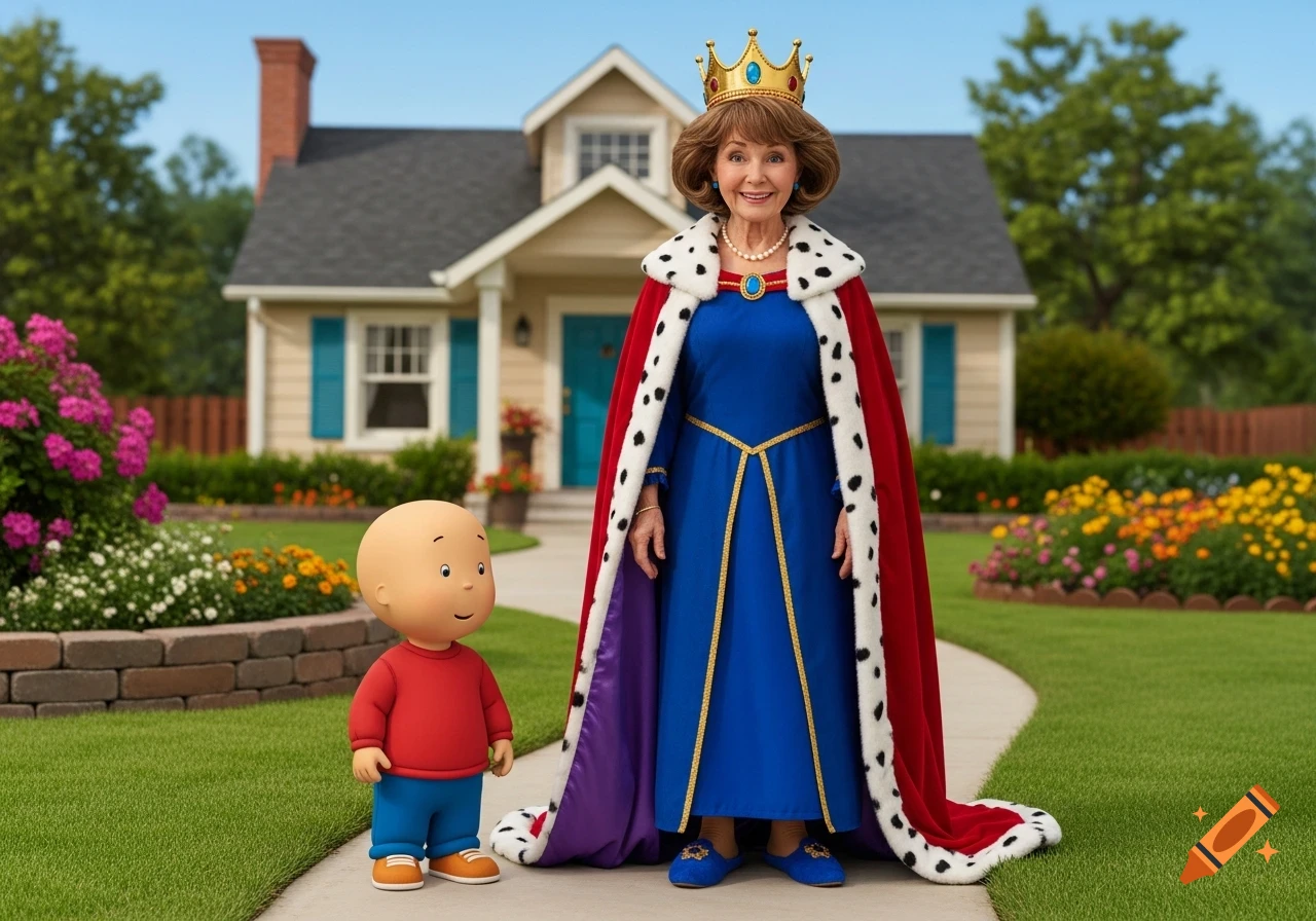 A cartoon boy, Caillou, stands next to a smiling older woman dressed as Queen Doris in a photorealistic garden scene outside a house.